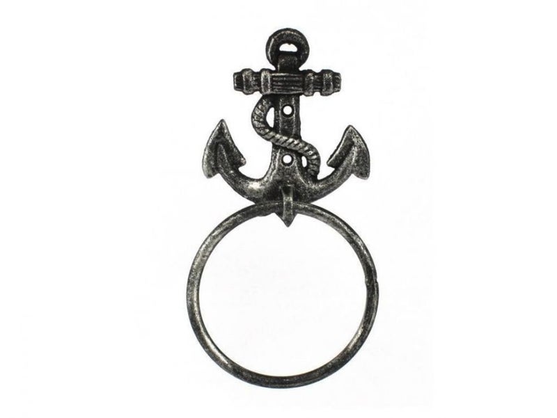 Handcrafted Nautical Decor حامل مناشف على شكل مرساة من الحديد الزهر هامبتون نوتيكال، 8.5 إنش، فضي عتيق - Image 4