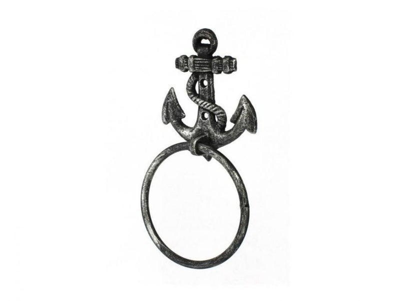 Handcrafted Nautical Decor حامل مناشف على شكل مرساة من الحديد الزهر هامبتون نوتيكال، 8.5 إنش، فضي عتيق - Image 2