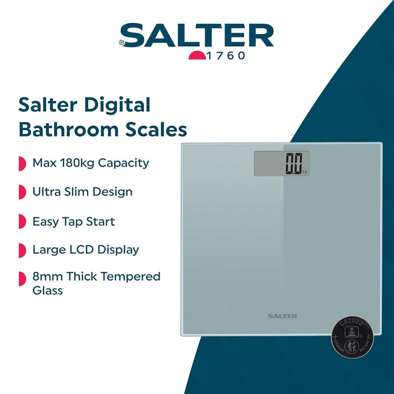 Salter 9028 SCFAZF0B Digital Bathroom Scales Large Tap Start Platform For Body Weight LCD Display Max 180kg Ultra Slim Razor Design15 Year Guarantee Includes 1 x CR2032 Battery Silver - Image 2