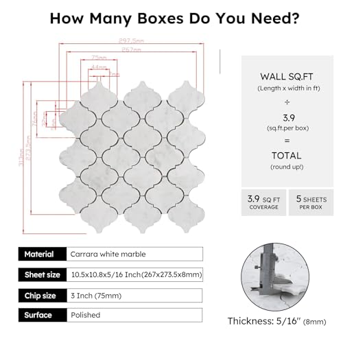 Diflart Marble Mosaic Tile, Carrara White, 3 Inch Arabesque, Polished, Marble Backsplash Tiles for Kitchen Bathroom Wall Floor, Pack of 5 Sheets - Image 3