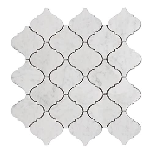 Diflart Marble Mosaic Tile, Carrara White, 3 Inch Arabesque, Polished, Marble Backsplash Tiles for Kitchen Bathroom Wall Floor, Pack of 5 Sheets - Image 1