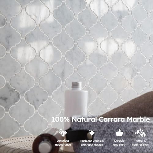 Diflart Marble Mosaic Tile, Carrara White, 3 Inch Arabesque, Polished, Marble Backsplash Tiles for Kitchen Bathroom Wall Floor, Pack of 5 Sheets - Image 5