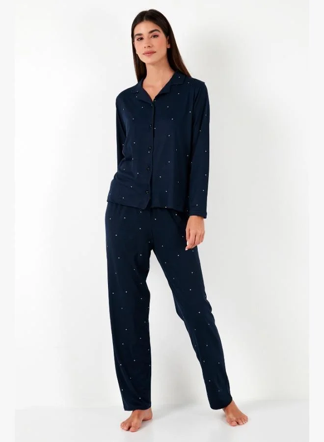 ليلا طقم بيجامة نسائي من ليلا بياقة قميص وأكمام طويلة