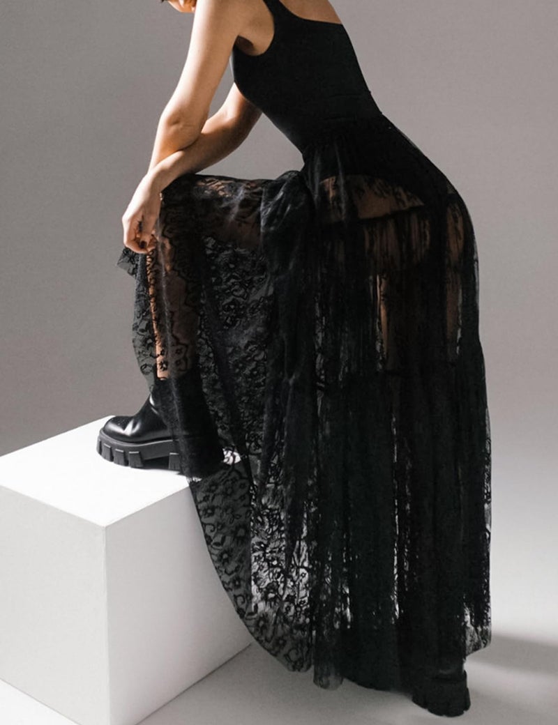Perbai Women's Sexy Sheer Lace Skirt High Waisted Floral Embroidered Ruffled A Line Long Maxi Beach Skirts(Black-L) - Image 4