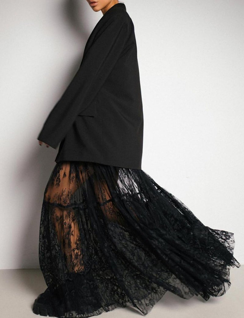 Perbai Women's Sexy Sheer Lace Skirt High Waisted Floral Embroidered Ruffled A Line Long Maxi Beach Skirts(Black-L) - Image 2