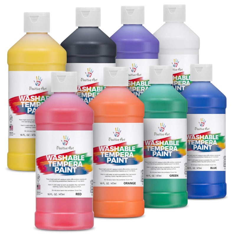 Positive Art Washable Paint for Kids 8 Colors 16 oz Each Made in USA NonToxic Tempera Paint Set Bulk Classroom Paints for Students Finger Painting School Use 8 Pack - Image 2