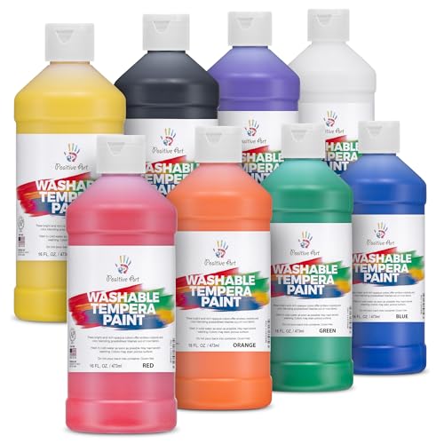 Positive Art Washable Paint for Kids 8 Colors 16 oz Each Made in USA NonToxic Tempera Paint Set Bulk Classroom Paints for Students Finger Painting School Use 8 Pack - Image 1