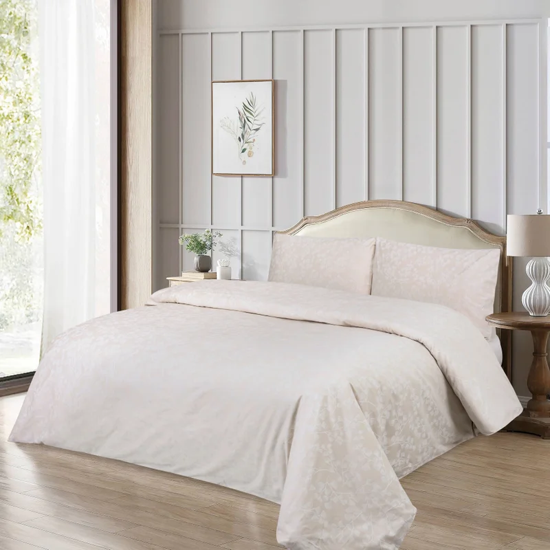 يسكن Dwell-Petals Jacquard 4Pc Duvet Cover Set-Duvet Cover - 260 x 240 CM, Fitted Sheet - 200 x 200 x 38 CM Pillow cases 50 x 80CM-Beige