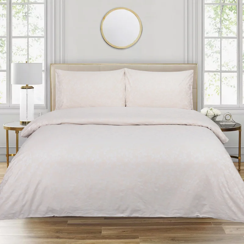 يسكن Dwell-Petals Jacquard 4Pc Duvet Cover Set-Duvet Cover - 260 x 240 CM, Fitted Sheet - 200 x 200 x 38 CM Pillow cases 50 x 80CM-Beige