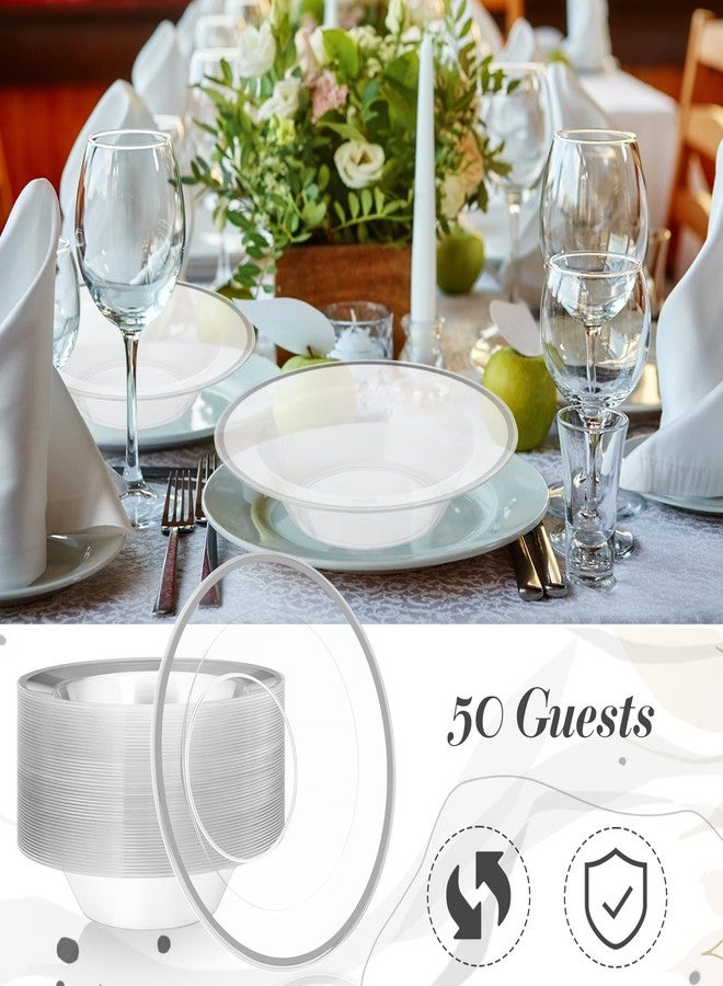 FoldTier 50 Pcs Clear Plastic Party Bowls 12 oz Dessert Bowls Disposable Dinnerware Elegant Tableware Dishes for Catering, Holidays, Parties Supplies, Weddings (Silver) - Image 2