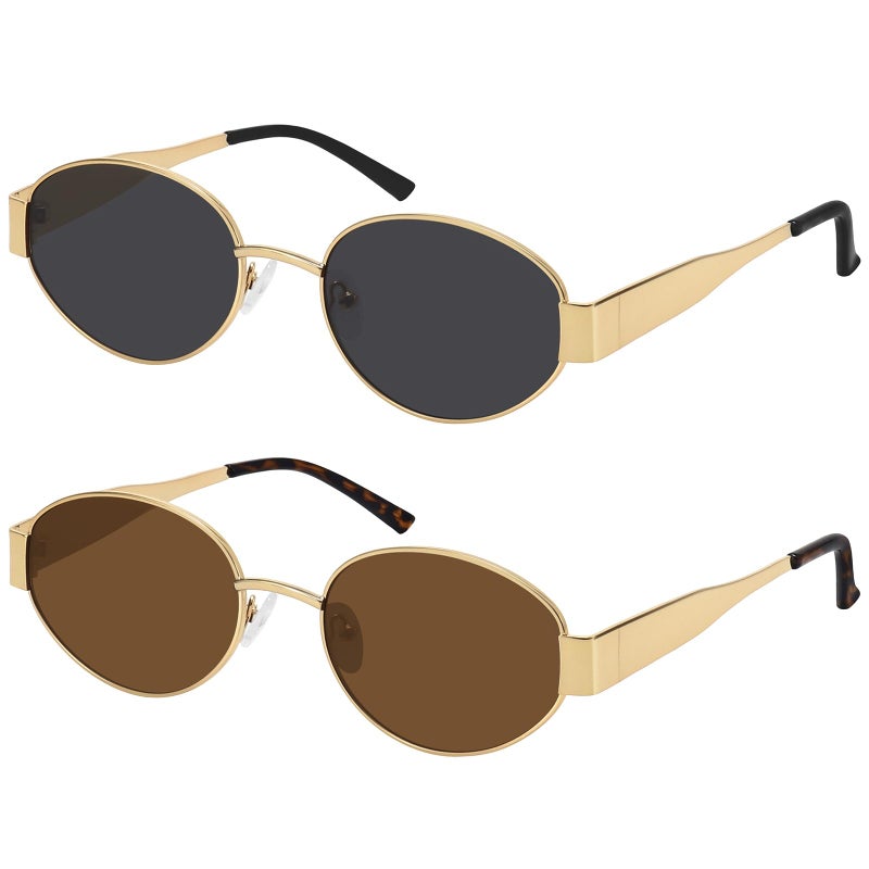 WOWSUN Trendy Oval Sunglasses for Women 2024 Retro Classic Shades UV400 Protection 2pack-Gold Gray+Black Gray - Image 1