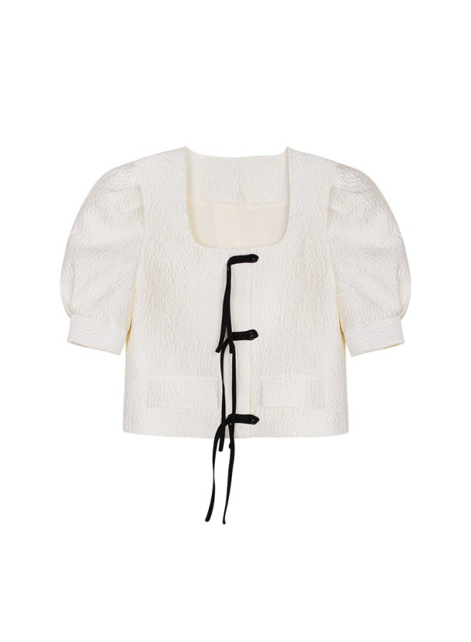 No Return, No Change 2024 Butterfly Machine Lace-up Slim Square Collar Shirt Top Bubble Sleeve Texture Dress Suit 