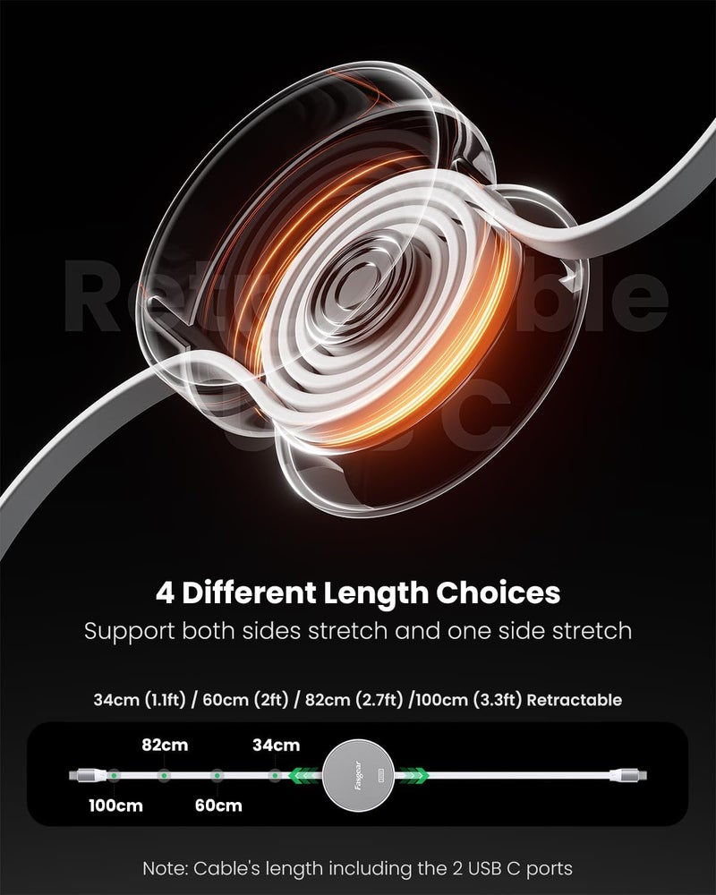فاسجير كابل Fasgear 240W USB C إلى USB C بطول 3.3 قدم قابل للسحب 5A شحن سريع من النوع C لشاحن USB C بقدرة 100 واط (عبوة من قطعتين، فضي، 3.3 قدم/1 متر) - Image 3
