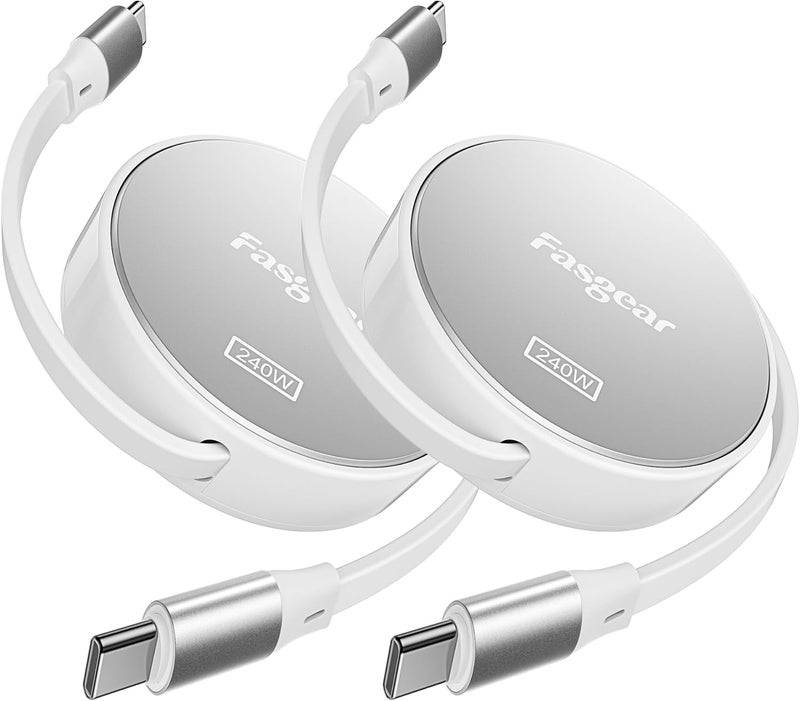 فاسجير كابل Fasgear 240W USB C إلى USB C بطول 3.3 قدم قابل للسحب 5A شحن سريع من النوع C لشاحن USB C بقدرة 100 واط (عبوة من قطعتين، فضي، 3.3 قدم/1 متر) - Image 1