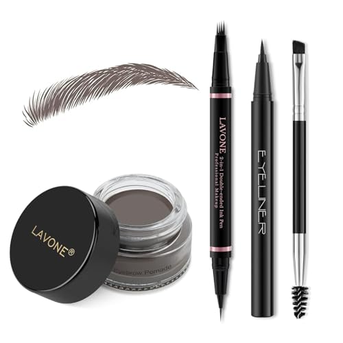 LAVONE Eyebrow Pencil Makeup Kit, with Waterproof 2-IN-1 Microblading Eyebrow Pen, Eyebrow Pomade, Eyeliner and Dual-ended Eyebrow Brush, Brow Pencil Kit for Natural Eyebrows - Ebony - Image 1
