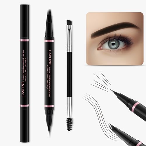LAVONE Eyebrow Pencil Makeup Kit, with Waterproof 2-IN-1 Microblading Eyebrow Pen, Eyebrow Pomade, Eyeliner and Dual-ended Eyebrow Brush, Brow Pencil Kit for Natural Eyebrows - Ebony - Image 2