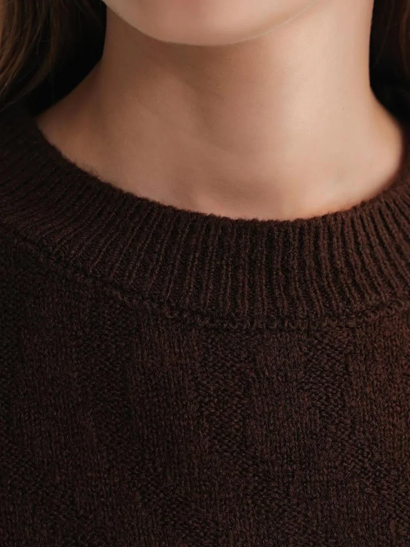 MixRay Coffee Brown Mixray Ribbed Knitwear Pullover Sweater with Hair Braid Pattern for Women | Best Price UAE
