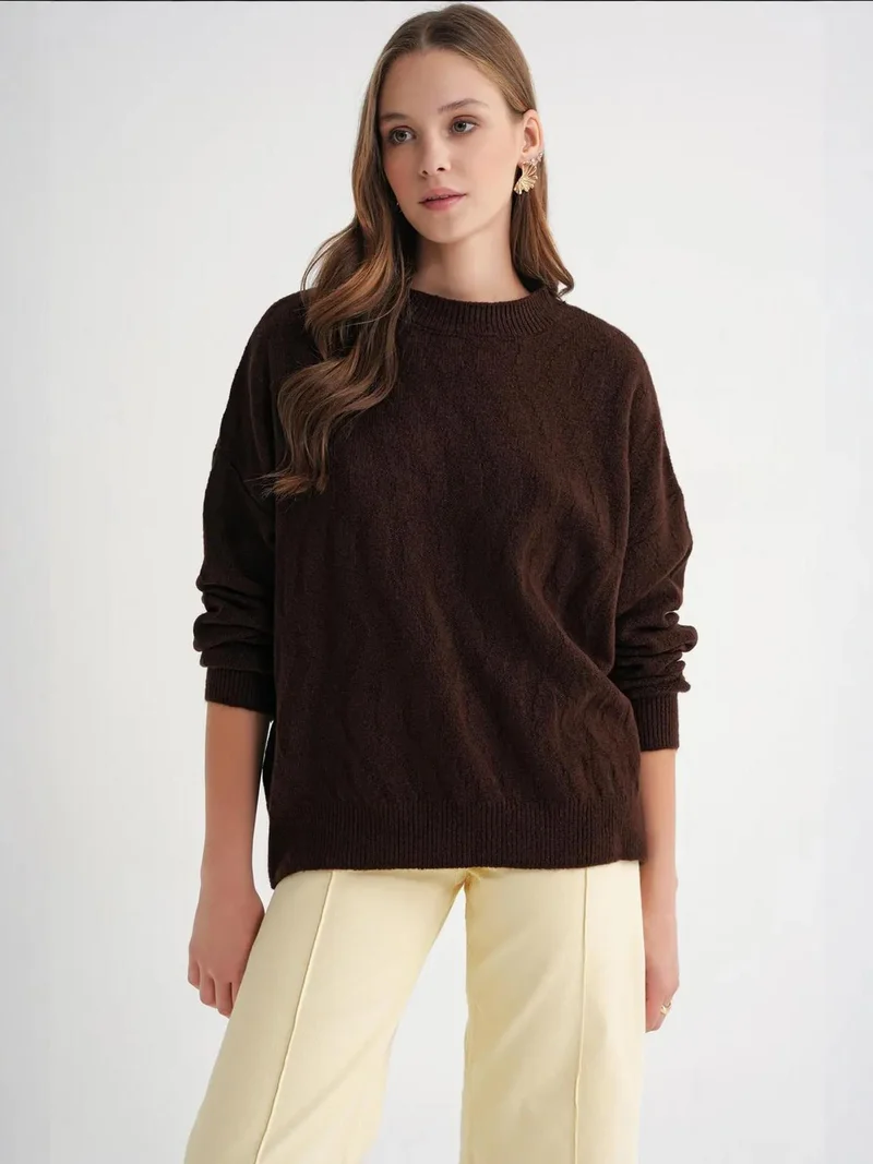 MixRay Coffee Brown Mixray Ribbed Knitwear Pullover Sweater with Hair Braid Pattern for Women | Best Price UAE