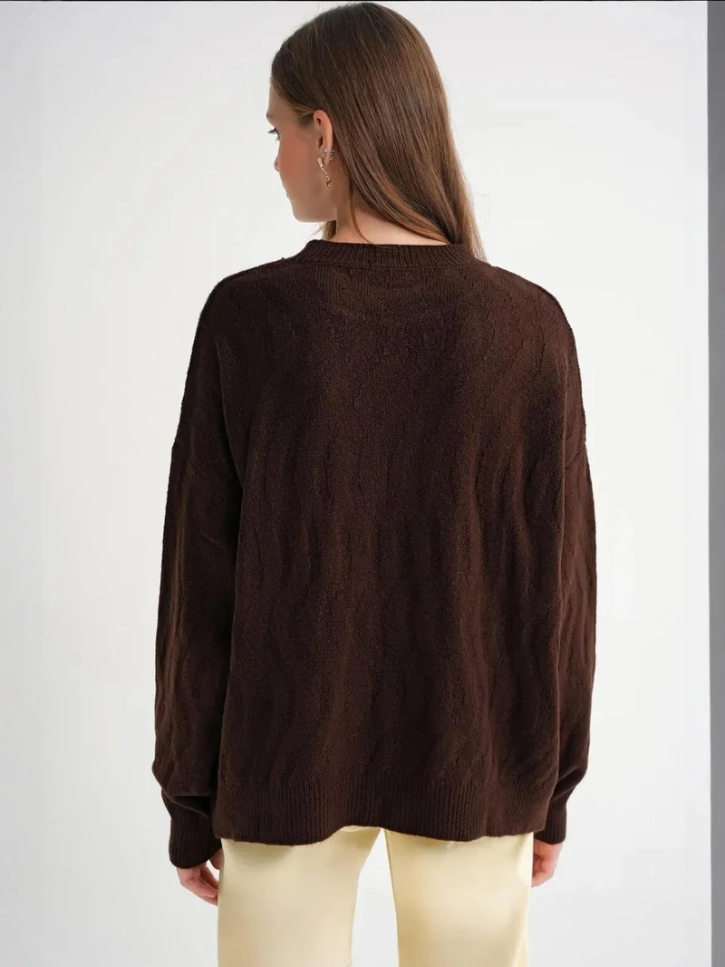 MixRay Coffee Brown Mixray Ribbed Knitwear Pullover Sweater with Hair Braid Pattern for Women | Best Price UAE