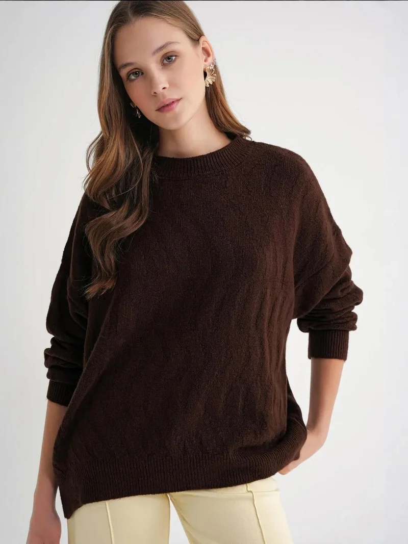 MixRay Coffee Brown Mixray Ribbed Knitwear Pullover Sweater with Hair Braid Pattern for Women | Best Price UAE
