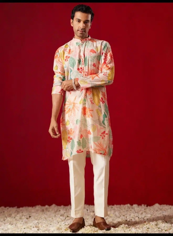 PRASHA Mens Multi color Base Pink Cotton blend Kurta Pyjama Set