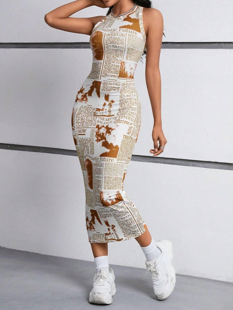 Toochki Dress for Women | One Piece Dresses | Midi Bodycon for Women's | Newspaper Printed Body con - Image 5