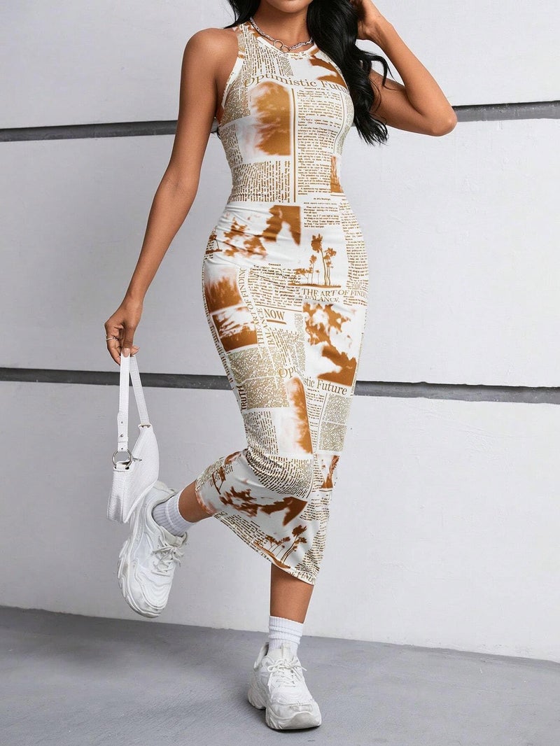 Toochki Dress for Women | One Piece Dresses | Midi Bodycon for Women's | Newspaper Printed Body con - Image 4