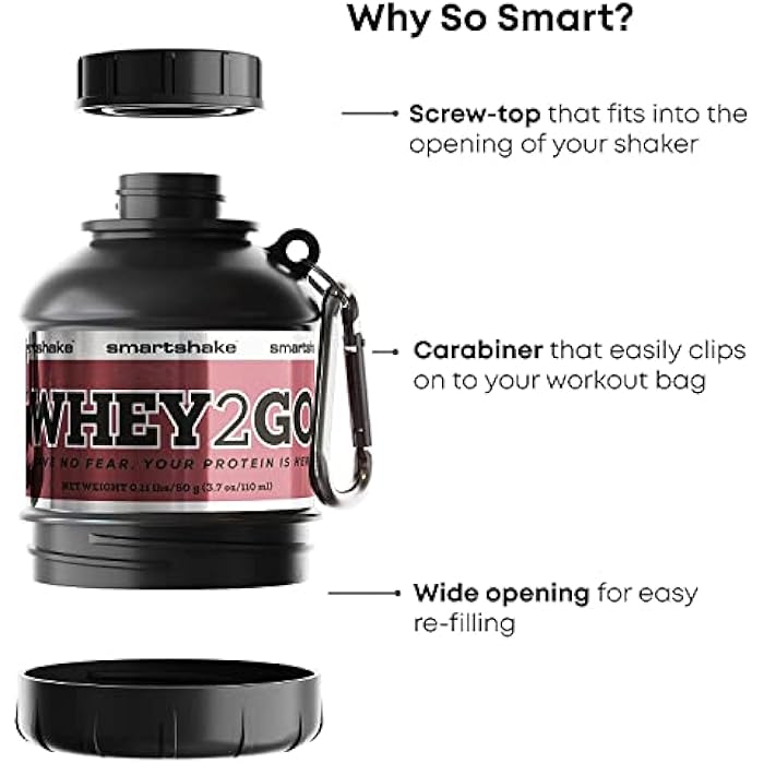 Smartshake Whey2Go Black Protein Powder Storage Container 50g – BPA Free Shaker Bottle Funnel for Whey Protein Powder + Protein Shakes 110ml, DC Comics Batman Gifts for Men (Black) - Image 2