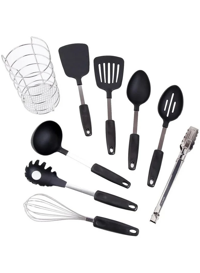 GIBSON 9-Piece Chefs Better Basics Utensil Set with Wire Caddy Black and Silver 35.81 x 12.98 x 12.98 cm 128642.09