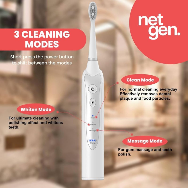 NetGen Sonic Electric Toothbrush for Adults with 5 Toothbrush Replacement Heads, 3 Brushing Modes & 2 Minutes Built-in Timer, Travel Toothbrushes with Inductive Charging, Rechargeable toothbrush | White - Image 3