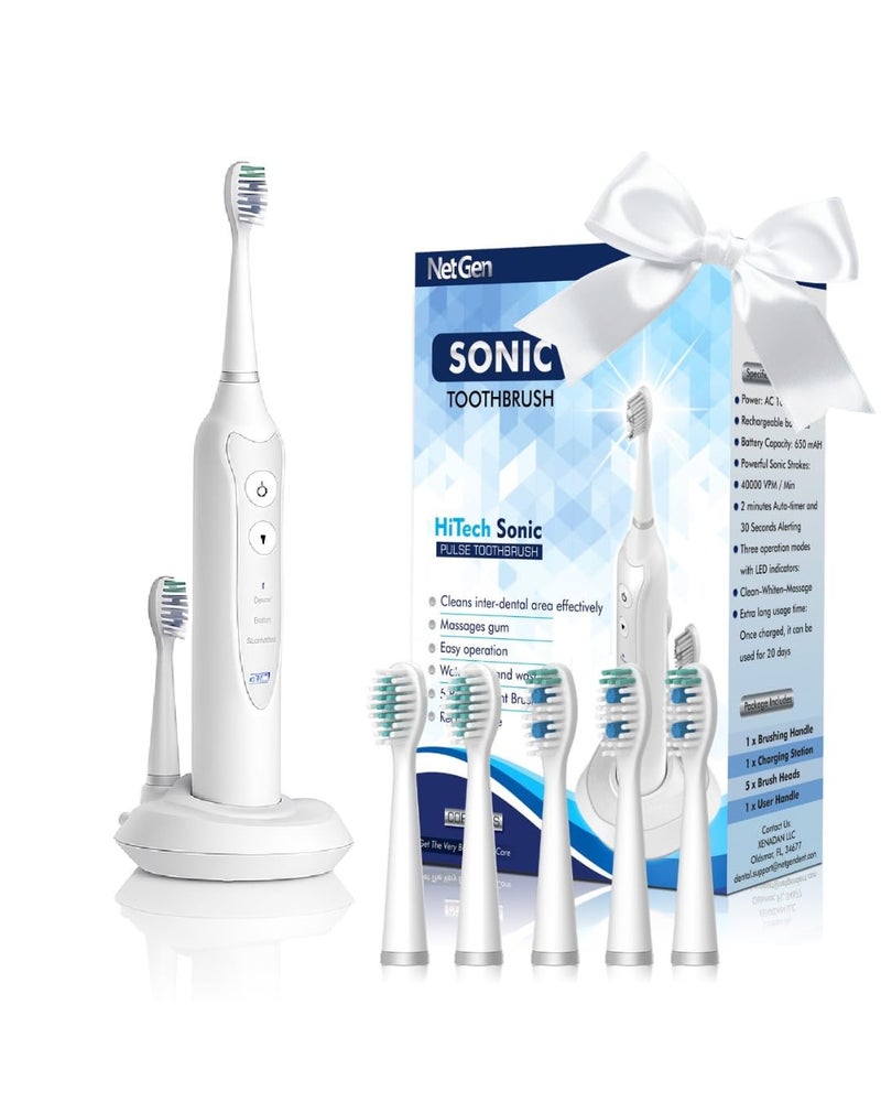 NetGen Sonic Electric Toothbrush for Adults with 5 Toothbrush Replacement Heads, 3 Brushing Modes & 2 Minutes Built-in Timer, Travel Toothbrushes with Inductive Charging, Rechargeable toothbrush | White - Image 1