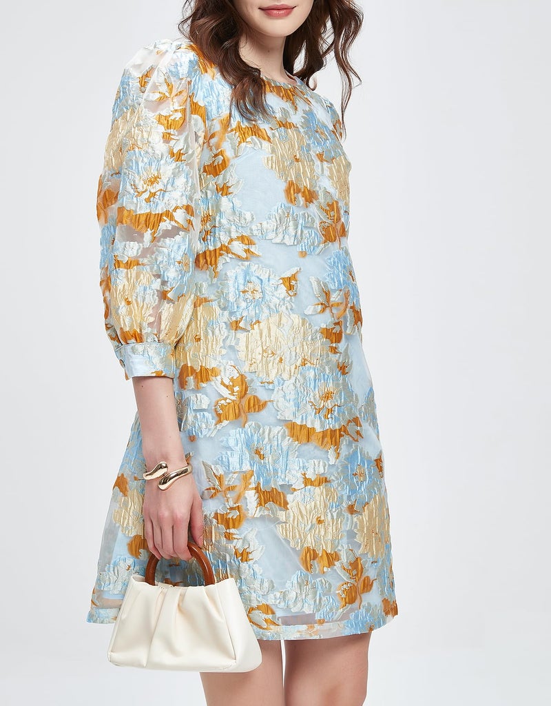 Kedera Women's Jacquard Dress Long Puff Sleeves Shift Mini Elegant Floral Dress Summer Business Yellow - Image 5