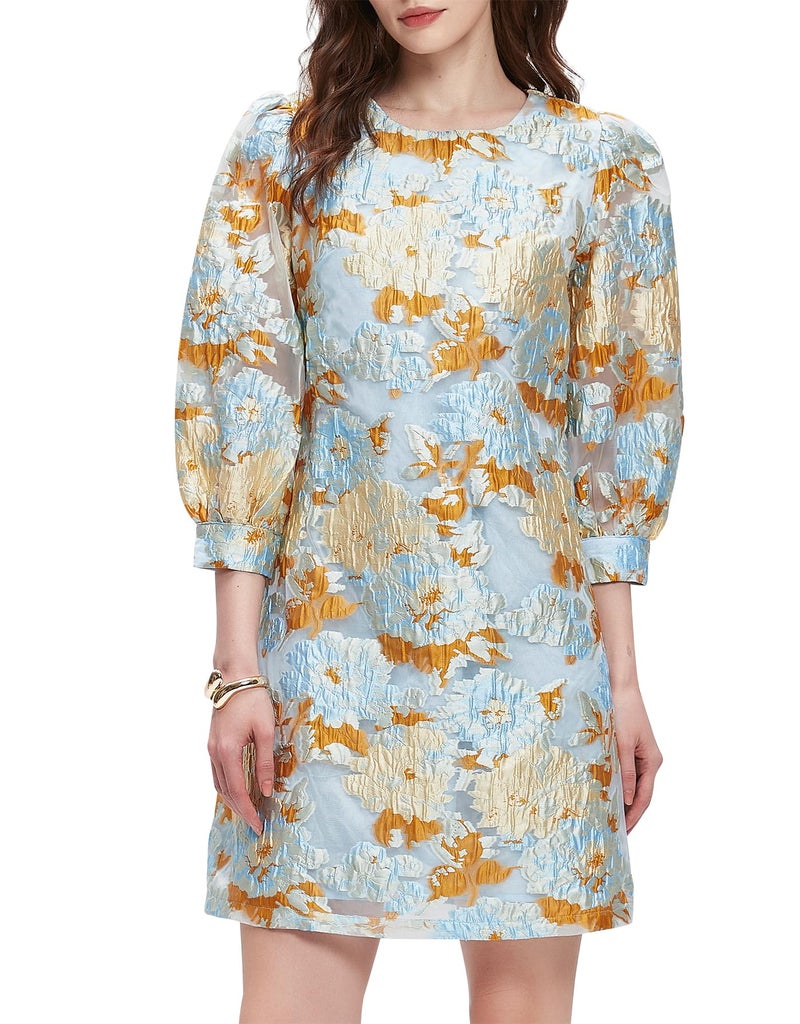 Kedera Women's Jacquard Dress Long Puff Sleeves Shift Mini Elegant Floral Dress Summer Business Yellow - Image 1