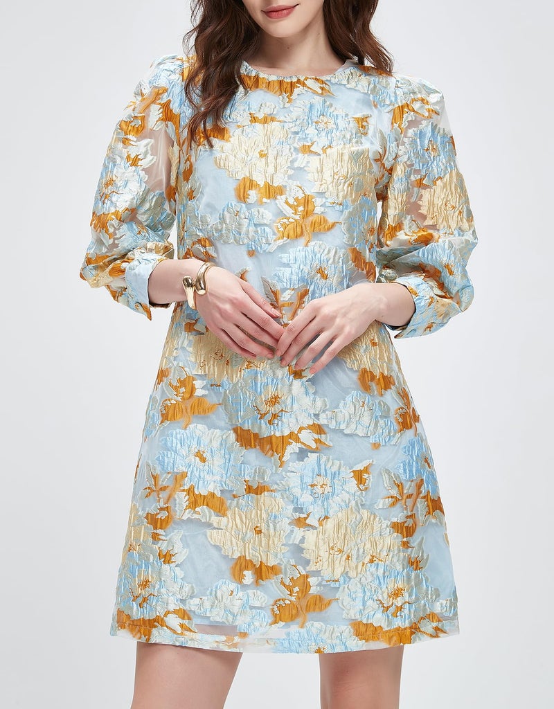 Kedera Women's Jacquard Dress Long Puff Sleeves Shift Mini Elegant Floral Dress Summer Business Yellow - Image 3