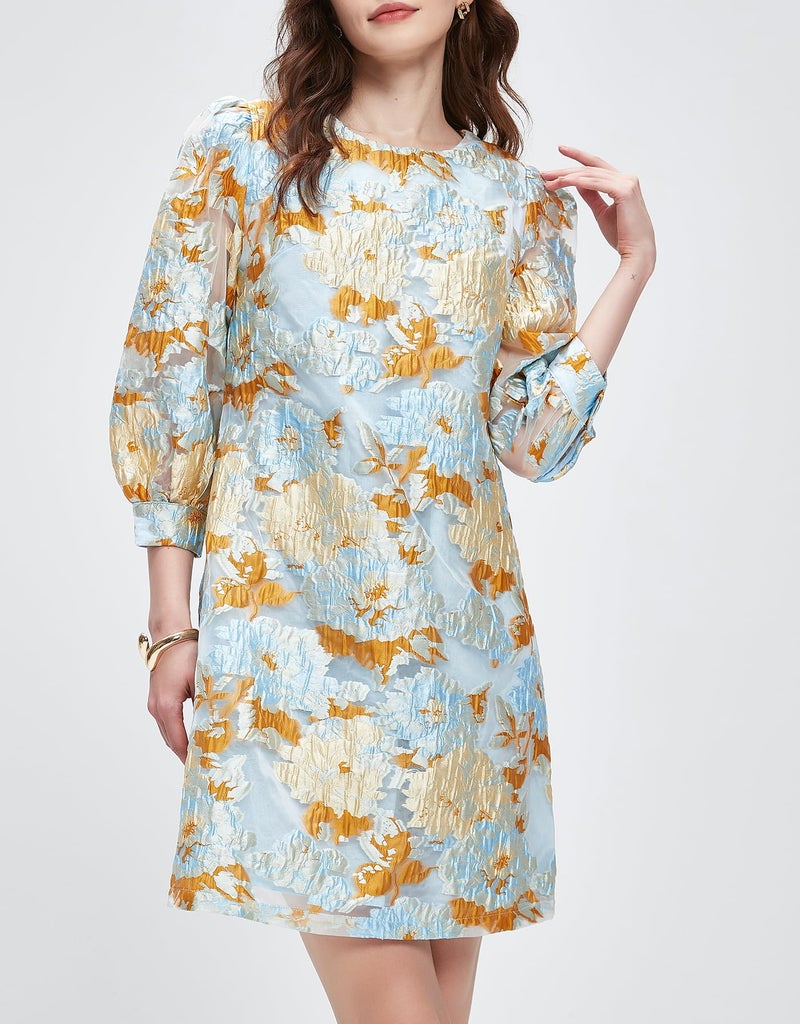 Kedera Women's Jacquard Dress Long Puff Sleeves Shift Mini Elegant Floral Dress Summer Business Yellow - Image 2