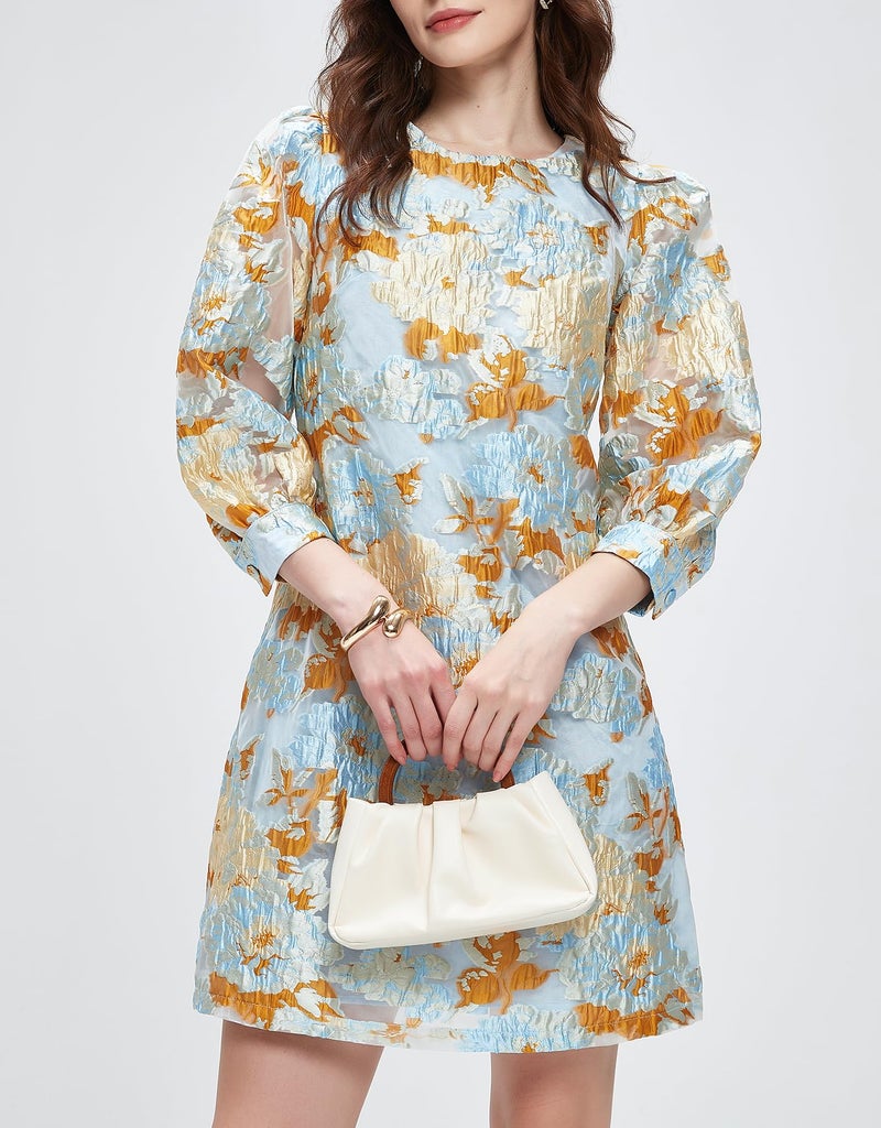 Kedera Women's Jacquard Dress Long Puff Sleeves Shift Mini Elegant Floral Dress Summer Business Yellow - Image 4