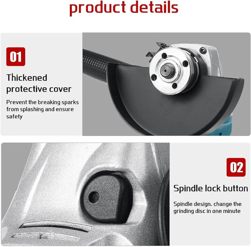 WEMART Cordless Angle Grinder, 20V Brushless Angle Grinder Kit, Dual Battery And 3 Speed Adjustment, 125Mm 8500Rpm Professional Electric Angle Grinders For Cutting Grinding (Blue) - Image 5