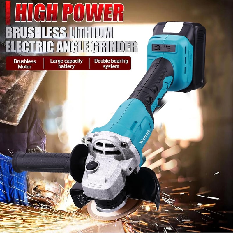 WEMART Cordless Angle Grinder, 20V Brushless Angle Grinder Kit, Dual Battery And 3 Speed Adjustment, 125Mm 8500Rpm Professional Electric Angle Grinders For Cutting Grinding (Blue) - Image 2