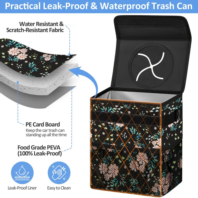 ELONGRIVER Car Trash Can Bin for Back Seat Leak Proof, Cute Car Trash Bag Hanging, Vehicle Trash Can for SUV Truck Van, Automotive Garbage Cans Front Seat Colorful Floral, 2 Gallons - Image 3