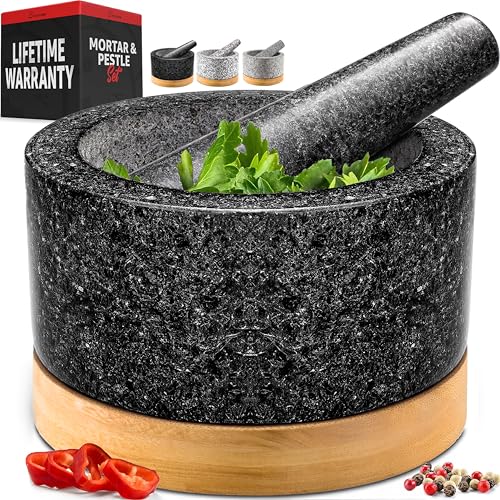Priority Chef PriorityChef Heavy Duty Mortar and Pestle Set with Bamboo Base 100 Natural Granite Stone Grinder Guacamole Bowl and Masher 2 Cups Black