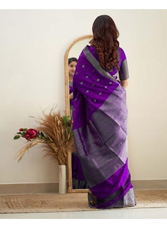 Yashika Women's Banarasi Kanjivaram Cotton Silk Jaquard Saree Printed Saree With Unstitched Blouse Material - Suitable For All Indian Occasions and Festivals - Image 3