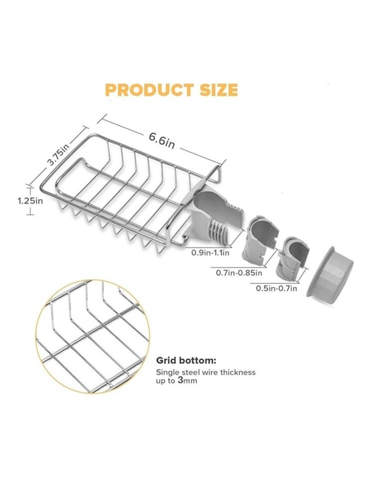 Sink Organizer, Kitchen Faucet Sponge Holder, Soap Sponge Rack with Stainless Steel Drain - Silver  - Image 2