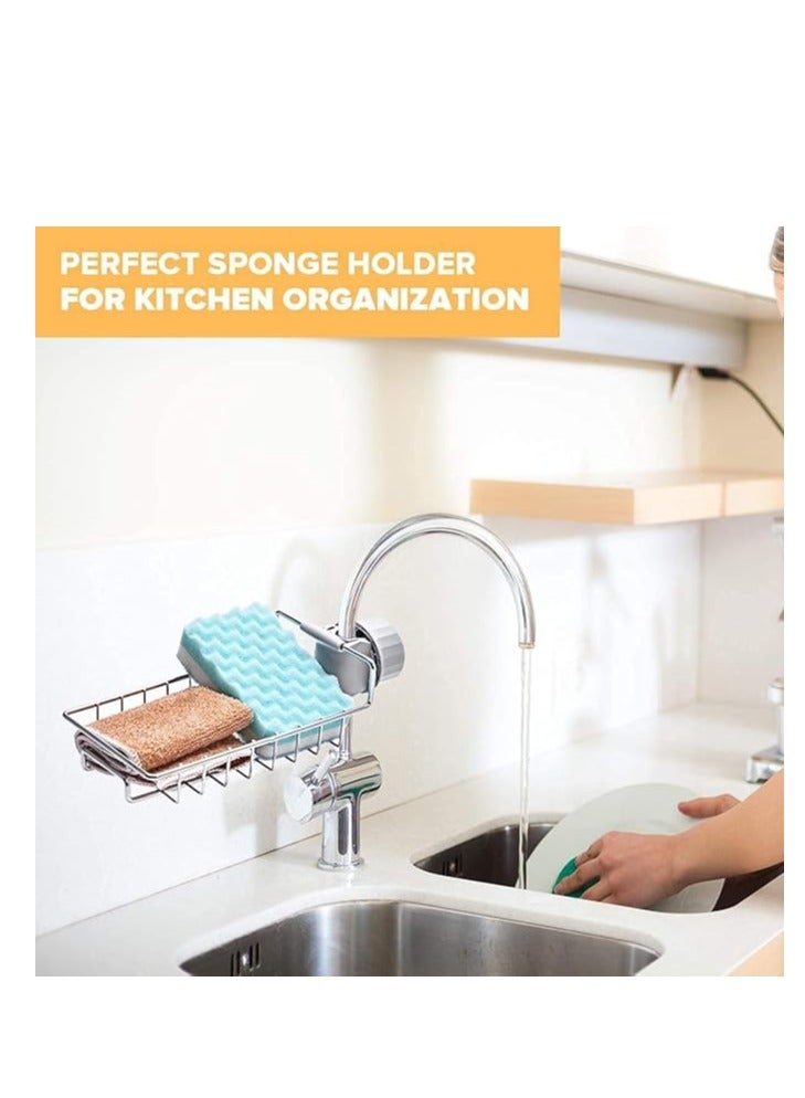 Sink Organizer, Kitchen Faucet Sponge Holder, Soap Sponge Rack with Stainless Steel Drain - Silver  - Image 4