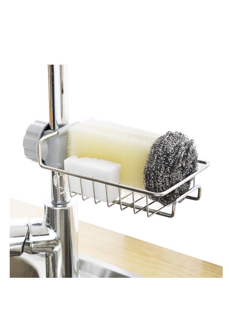 Sink Organizer, Kitchen Faucet Sponge Holder, Soap Sponge Rack with Stainless Steel Drain - Silver  - Image 5