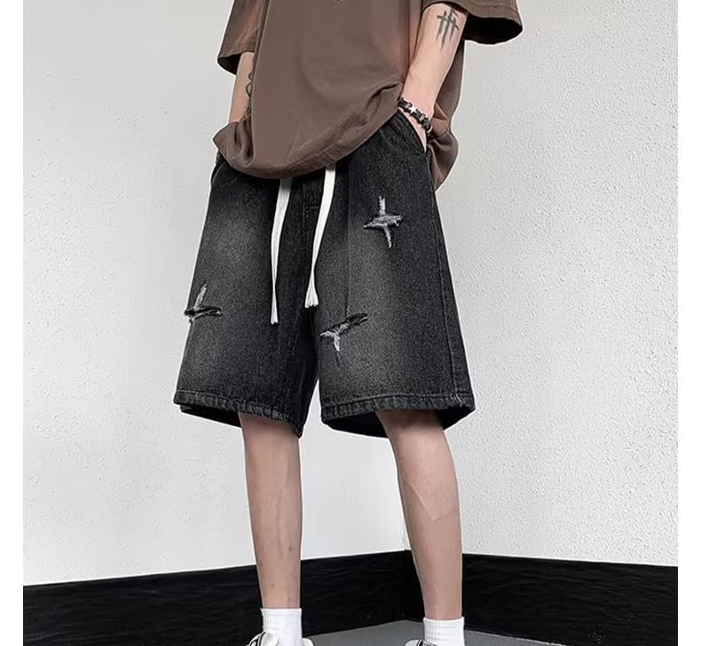 POHADON Y2K Blue Denim Shorts Summer Casual Loose Straight Leg Unisex Baggy Jeans Shorts Jorts Grunge Harajuku Streetwear (Black,XL) - Image 3