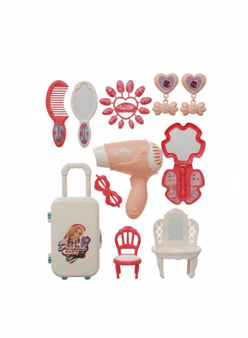 Girls Beauty Salon and Fashion Accessories Play Set with Mirror Brush Glasses Hair Dryer and Chair, Pretend Role Play Dress Up Toy for Imagination Fun and Gifts