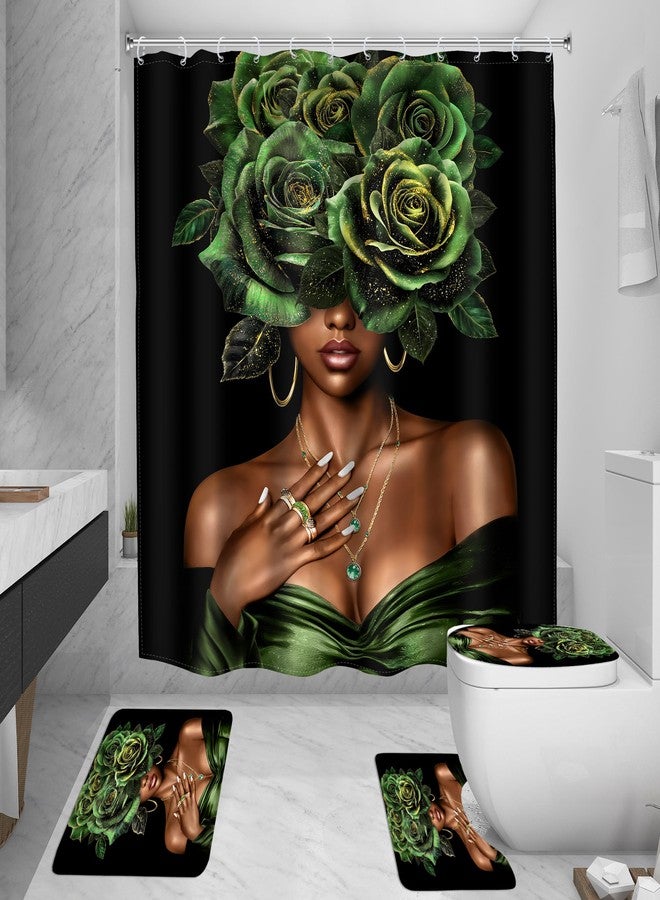 MESHELLY Black Girl 4Pcs Shower Curtain Sets African American Woman Lady Afro Peony Rose Green Floral Bathroom Set Decor with Rug, Toilet Lid Cover, Bath Mat,Modern Bathroom Curtain with 12 Hooks - Image 4
