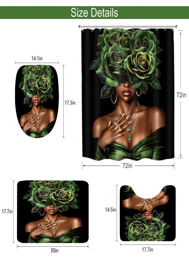 MESHELLY Black Girl 4Pcs Shower Curtain Sets African American Woman Lady Afro Peony Rose Green Floral Bathroom Set Decor with Rug, Toilet Lid Cover, Bath Mat,Modern Bathroom Curtain with 12 Hooks - Image 3