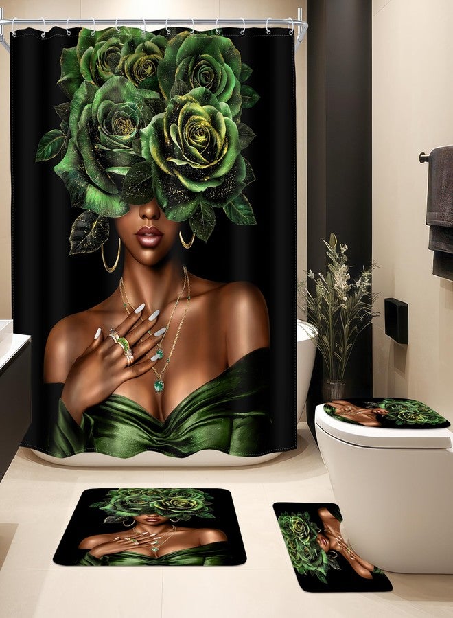 MESHELLY Black Girl 4Pcs Shower Curtain Sets African American Woman Lady Afro Peony Rose Green Floral Bathroom Set Decor with Rug, Toilet Lid Cover, Bath Mat,Modern Bathroom Curtain with 12 Hooks - Image 1