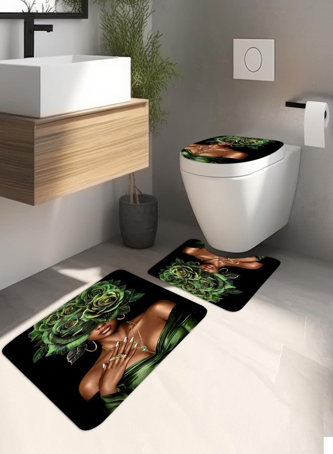 MESHELLY Black Girl 4Pcs Shower Curtain Sets African American Woman Lady Afro Peony Rose Green Floral Bathroom Set Decor with Rug, Toilet Lid Cover, Bath Mat,Modern Bathroom Curtain with 12 Hooks - Image 2